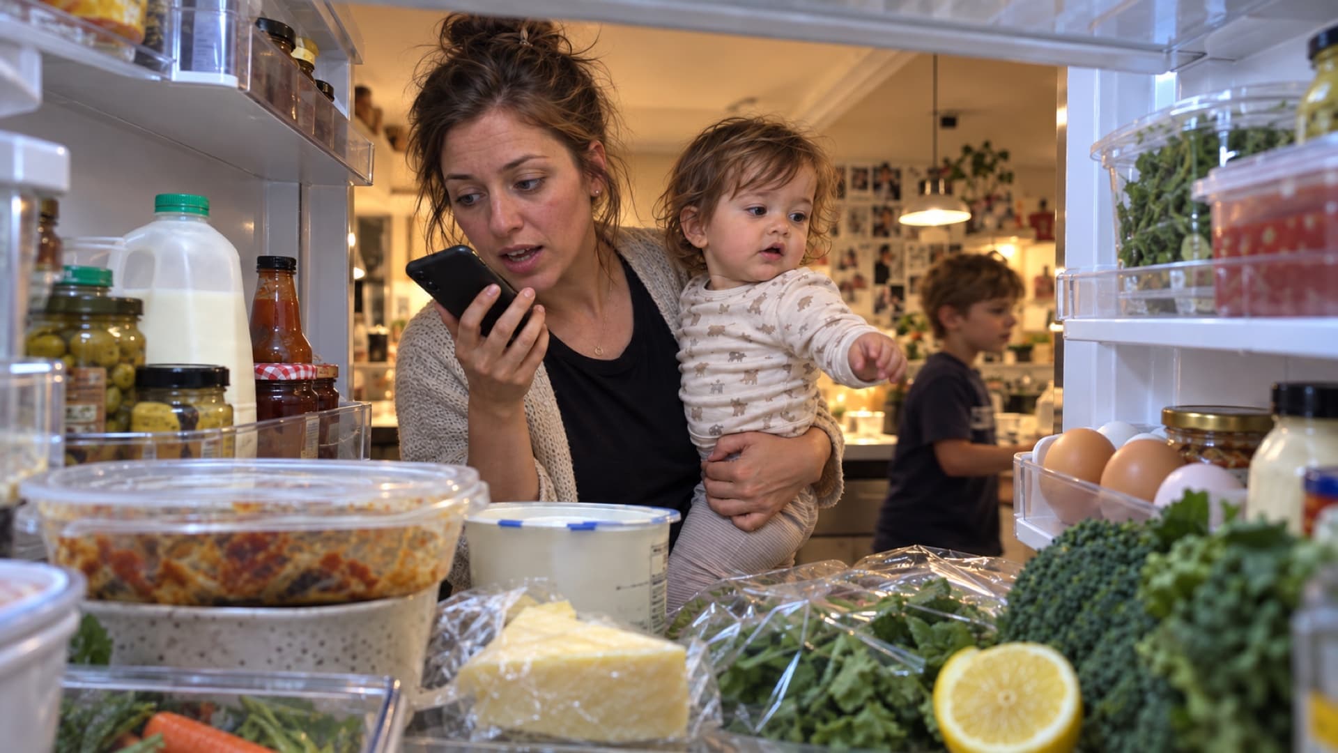 A parent talking into her phone while holding her toddler and looking through the fridge