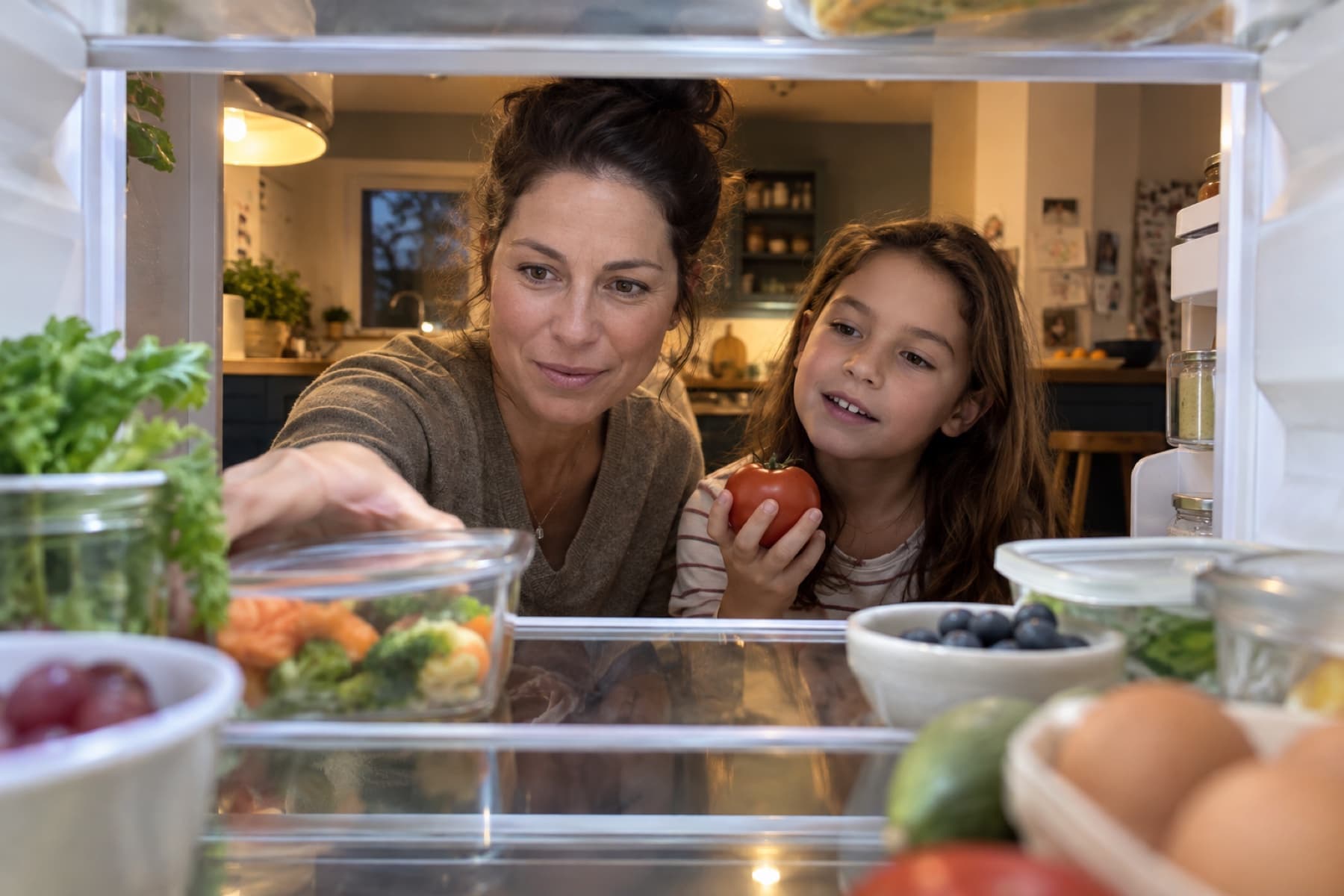 A parent and child deciding what to cook from their fridge