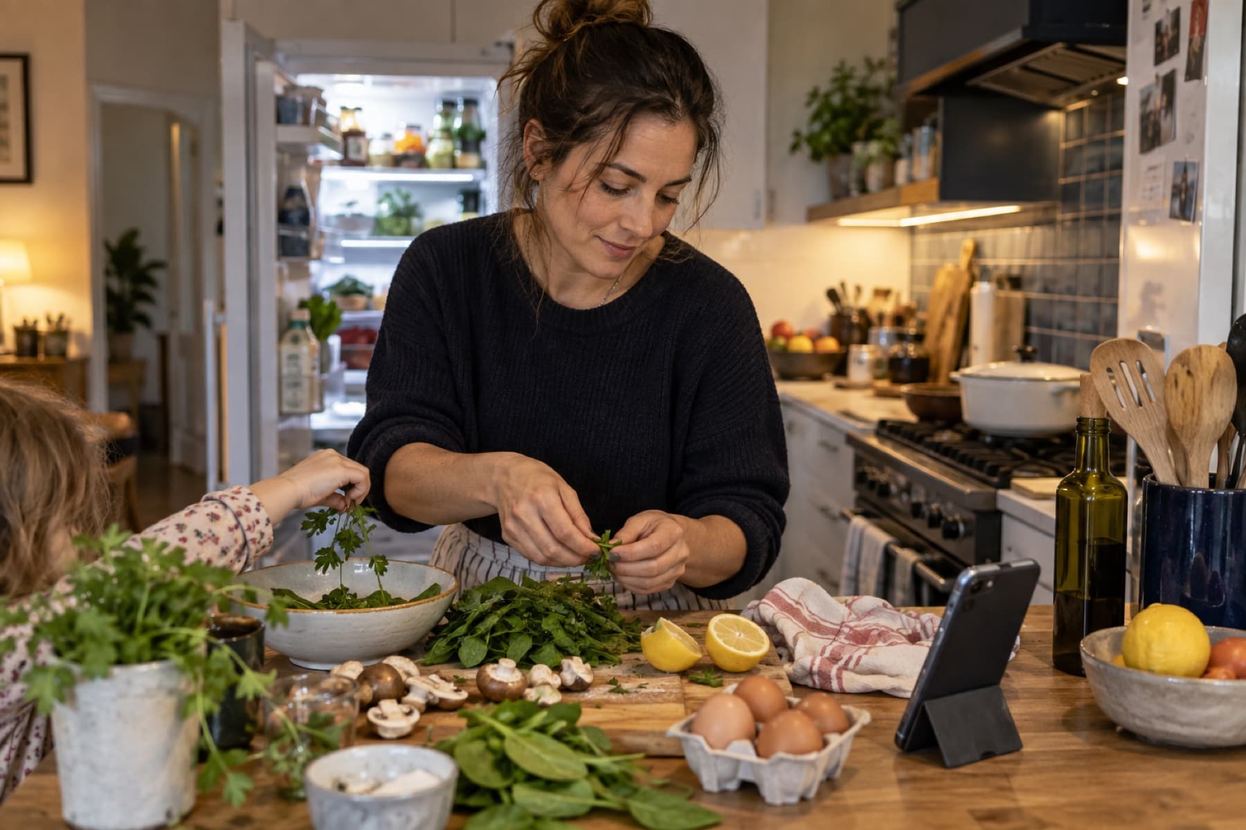A home cook preparing fresh ingredients in a bright family kitchen
